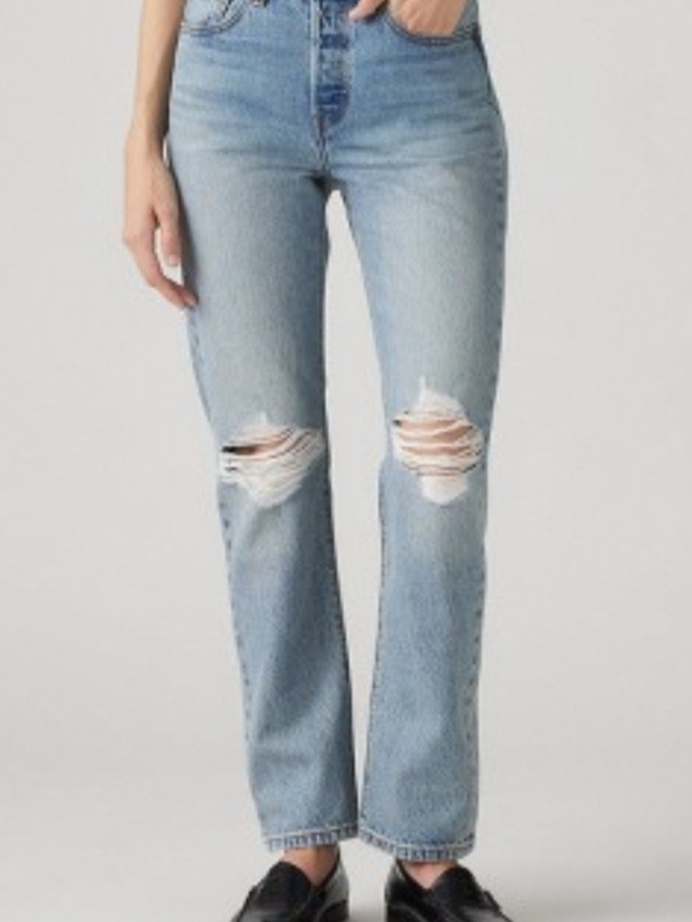Light Blue Distressed High-Rise Straight Jeans - Women